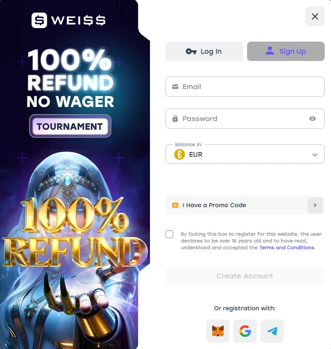 Weiss Casino - regisztráció (példa képernyő)